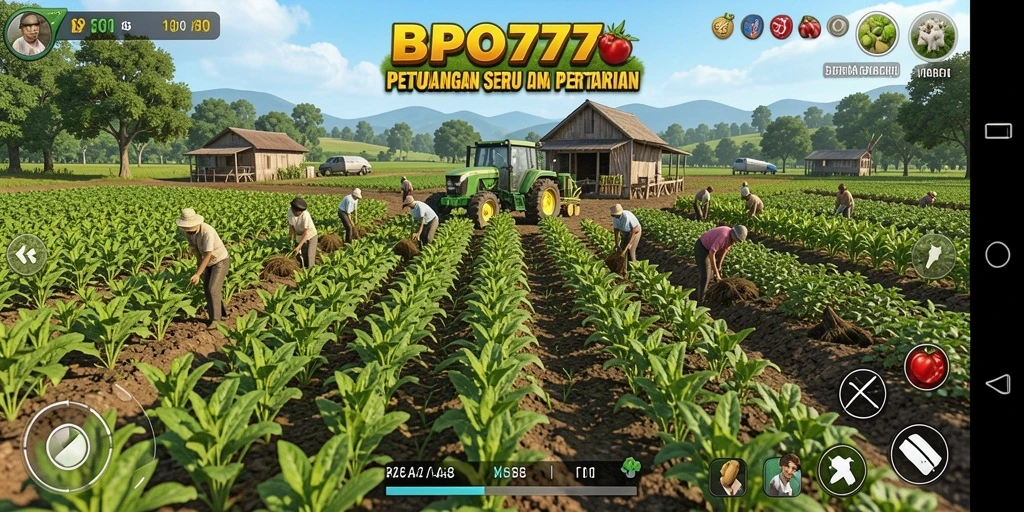 Screenshot BPO777 menampilkan pemain yang sedang bertani dan merawat tanaman.