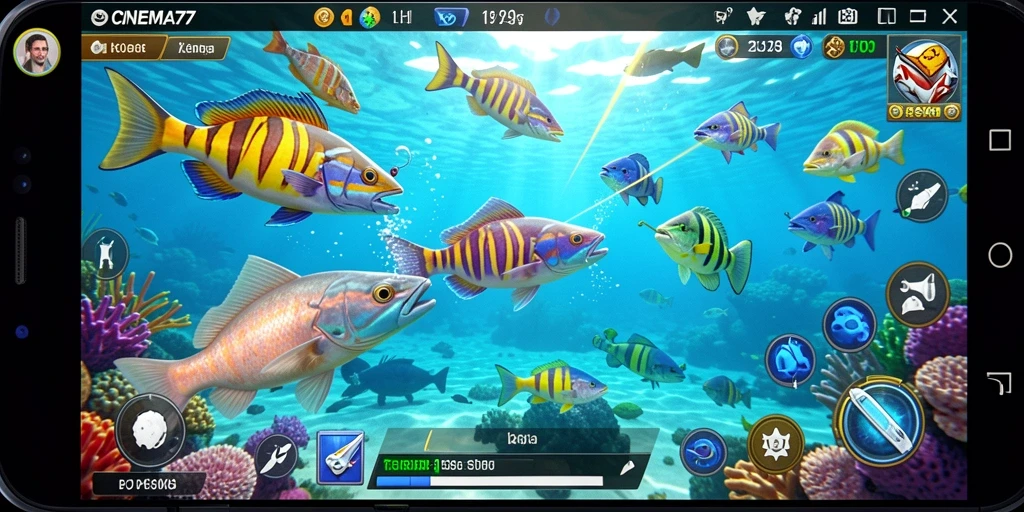 Tampilan gameplay CINEMA77 dengan berbagai ikan dan aksi menembak.