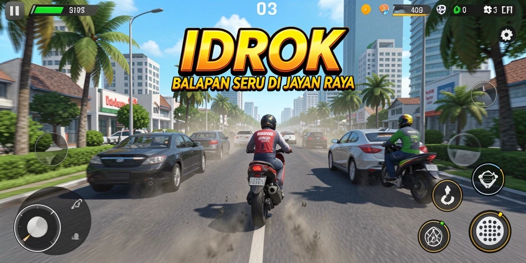Screenshot IDROK menunjukkan momen balapan yang mendebarkan di trek yang indah.