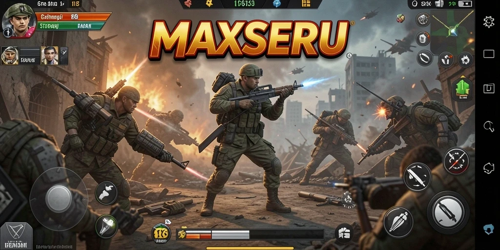 Tangkapan layar game MAXSERU menampilkan pertempuran strategis yang intens.