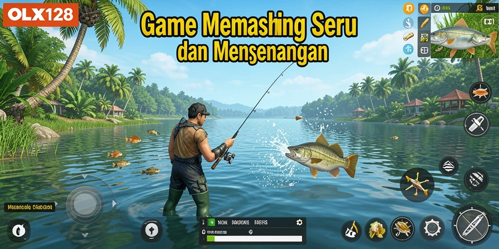 Screenshot gameplay OLX128 yang menunjukkan aksi memancing yang mendebarkan.