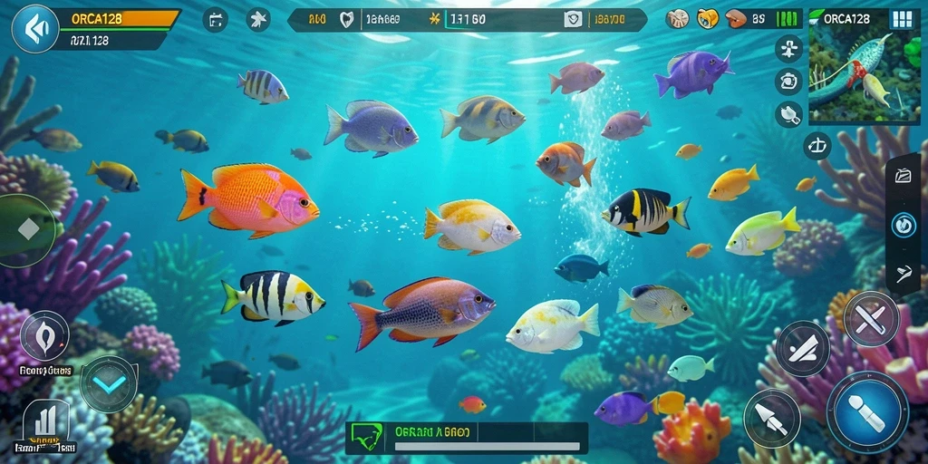 Tampilan menarik dari gameplay ORCA128 yang penuh aksi menangkap ikan.