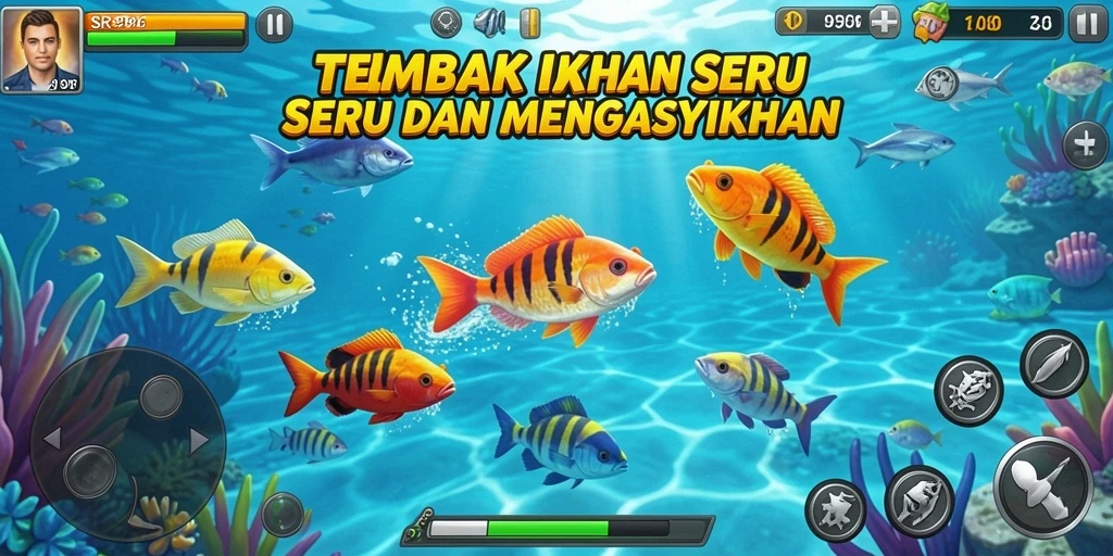 Screenshot gameplay SR996 menampilkan pegunungan ikan yang berwarna-warni.