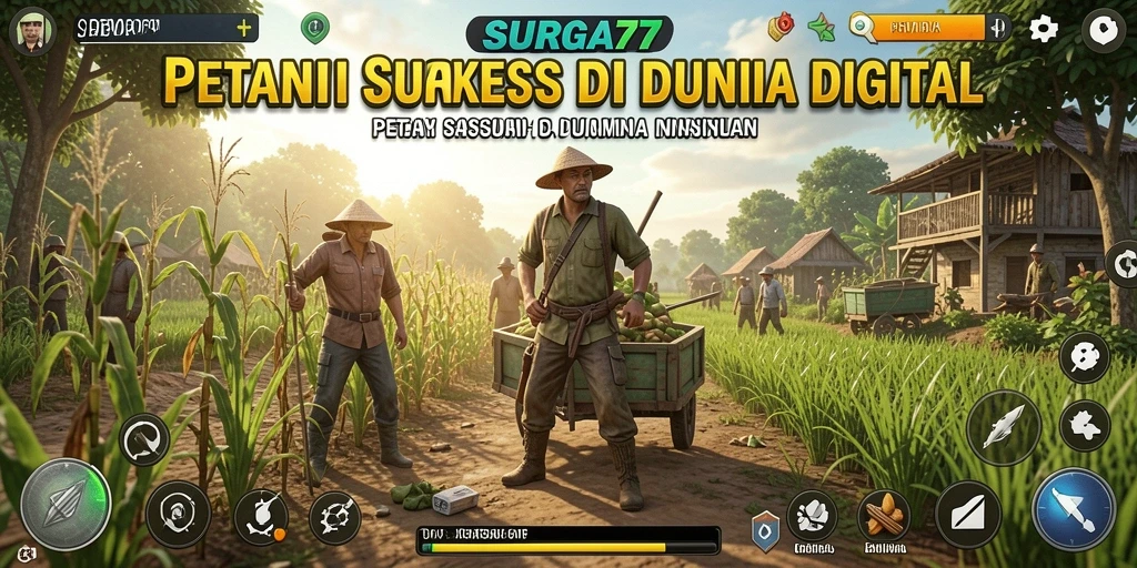 Screenshot gameplay SURGA77 yang menampilkan kebun yang subur dan aktivitas bertani.